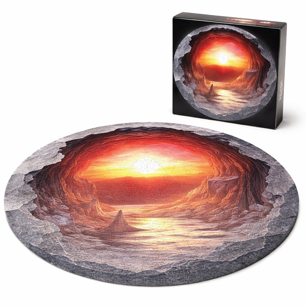 1000-Piece Round Wooden Jigsaw Puzzle – 3D Cave Sunset – 26” x 26” - Picture 2 of 13